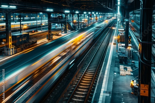 A freight train travels through a train station at night, surrounded by the dimly lit platforms and tracks