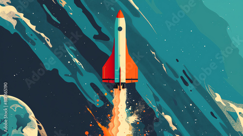 The rocket is taking off from the launch pad. The sky is blue and the rocket is white with a red nose cone. The rocket is surrounded by clouds.