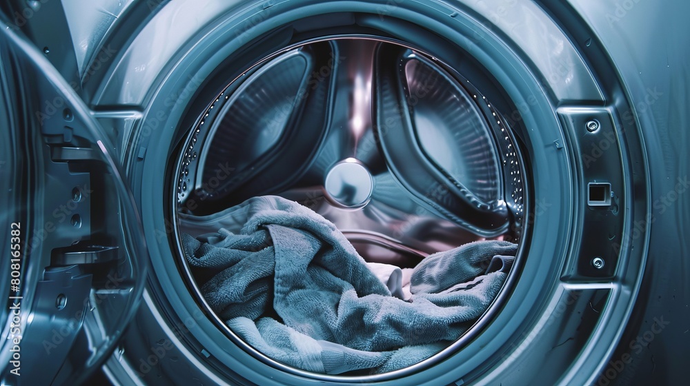 Washing machine with clothes inside.