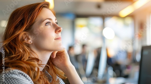   A tight shot of a person seated at a desk  a computer screen occupying her focus  backdrop subtly blurred