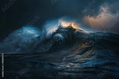 A dramatic scene of a large wave crashing in the stormy ocean with lightning strikes illuminating the sky