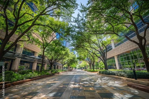 An empty street in an urban plaza lined with trees and modern buildings photo