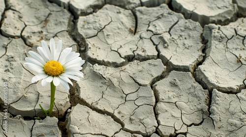  A flower blooming in the midst of a cracked, dry earth area..Or:..Amidst cracked, dry earth, a solitary flower blooms