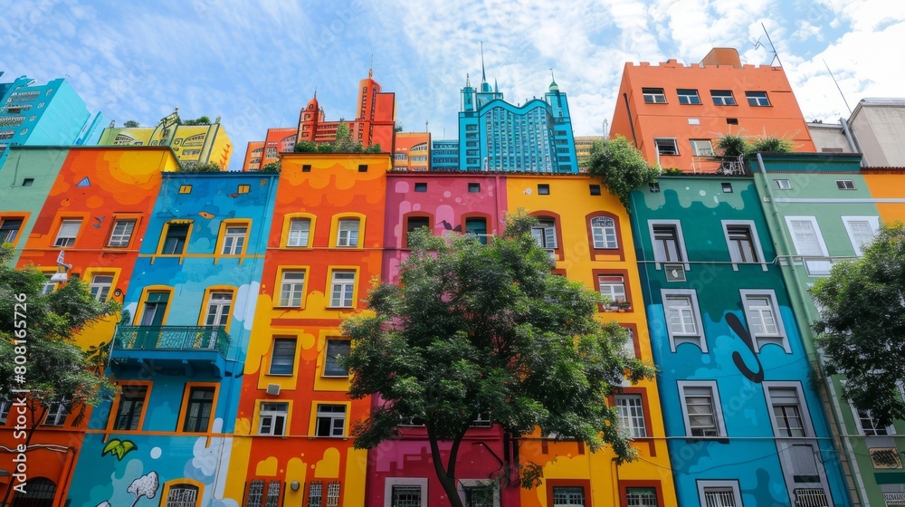 urban mural art, intricate mural on a buildings facade, blending cityscape with graffiti art to tell a unique story through vibrant visuals urban mural art, intricate mural on a buildings facade, blending cityscape with graffiti art to tell a unique story through vibrant visuals
