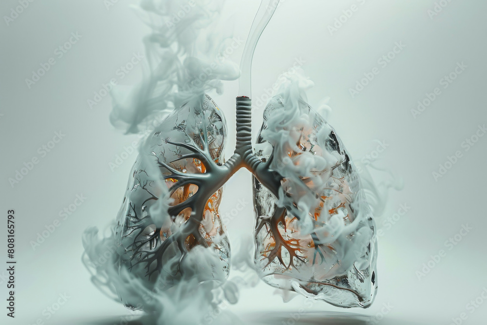 Digital art representation of human lungs filling with smoke, conveying ...