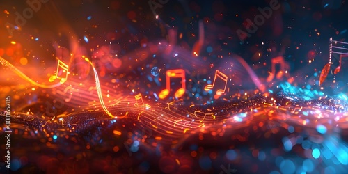 Wallpaper of virtual Music Notes on digital background, abstract technology concept, realistic illustration