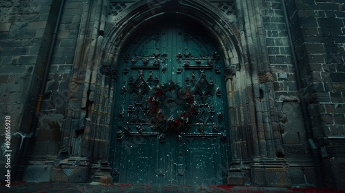   A green door  adorned with a wreath  stands before a stone building The entrance is welcomed with a red carpet on the ground