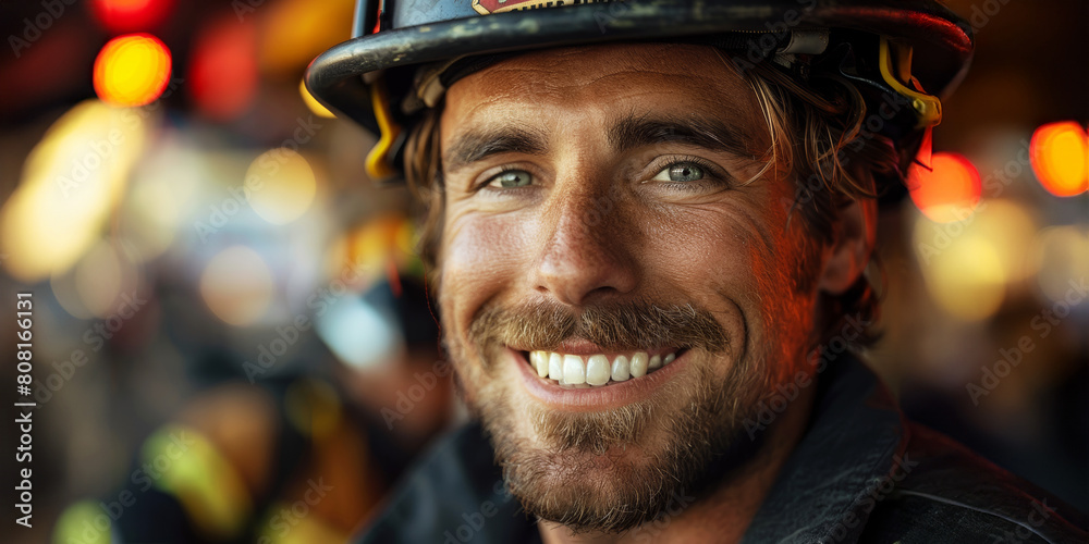 Confident firefighter smiling, his expression a mix of friendliness and professionalism at dusk. Confident firefighter smiling, his expression a mix of friendliness and professionalism at dusk.