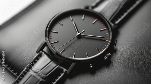Wristwatch with black dial and white background in minimalism
