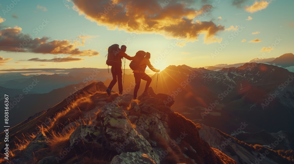 Silhouetted Hikers Conquer Majestic Mountain Peak
