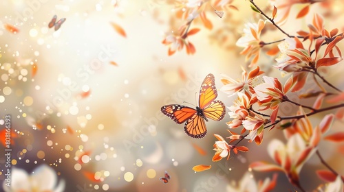 Flowering branches and petals on a blurred background and butterfly. Spring concept. © Nijat