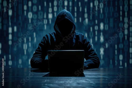 A hacker in a hood sits on a chair with his laptop on a blue background.