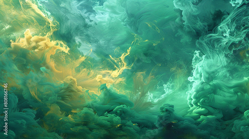 An abstract smoke mural in shades of green and yellow, painted across the sky in an homage to the northern lights. photo