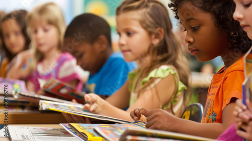 Young schoolchildren read books in class at their desks. A group of children study at school indoors. Education concept.