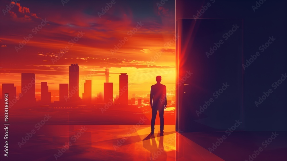 Silhouette of a Man Overlooking the Urban Skyline at Sunset
