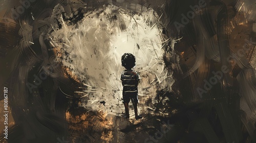 a boy in nightmare realm with messy wall with graffiti scripture  mysterious and horror feeling atmosphere background  dark fantasy illustration   Generative Ai
