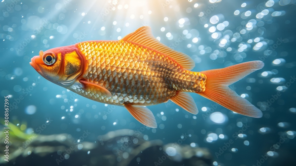   A golden fishswimming near, blue aquarium water; sunlit bubbles gleam