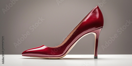 Feminism reigns concept. Close up of dark red varnished shoe on gray background. Text space. Banner style. Studio shot
