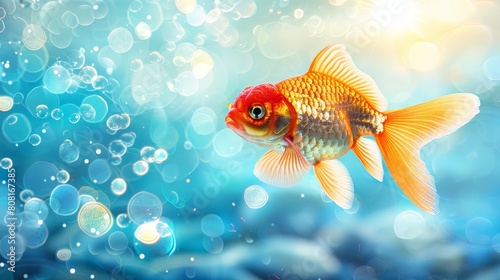  Close-up of golden fish in aquatic environment, surrounded by bubbles on surface, against backdrop of blue sky
