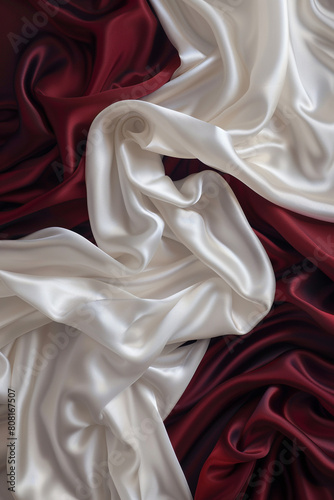 An elegant and sophisticated blend of pearl white and deep red waves, intertwining in a luxurious display that evokes the grace of a formal ball gown.