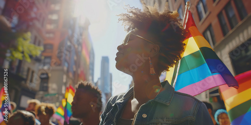 Pride Month concept. Close up portrait of happy beautiful afro-american woman looking up during the parade for lgbt+ rights in New York. Banner style. Outdoor shot