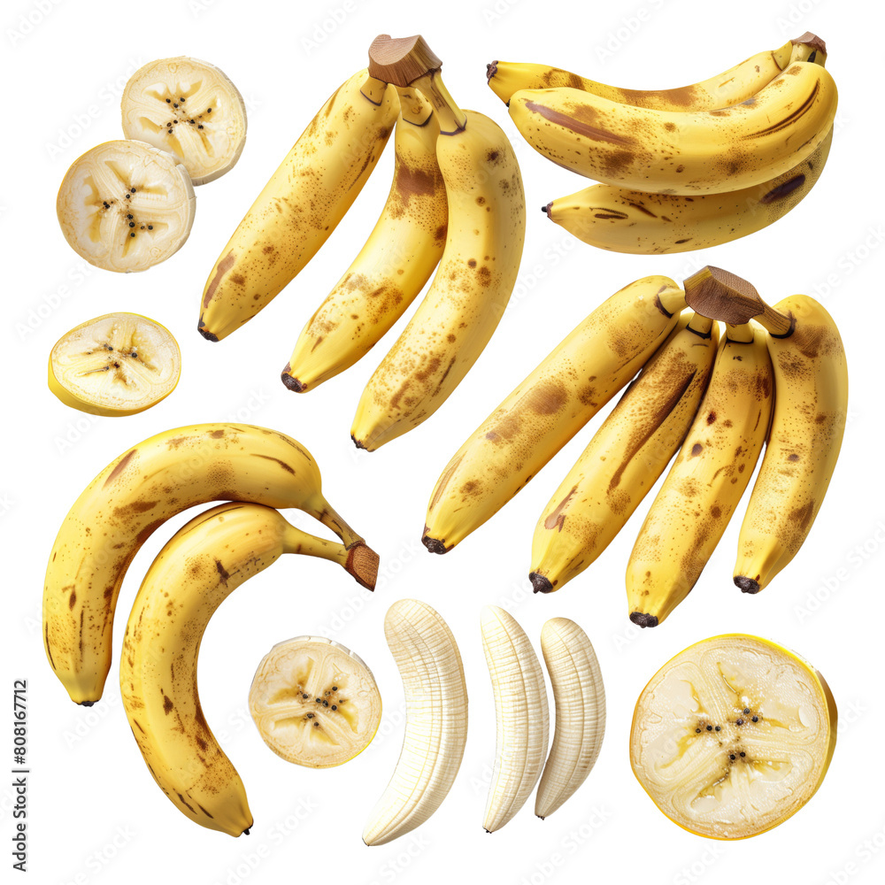 A photo of a bunch of yellow bananas. Some bananas are sliced.