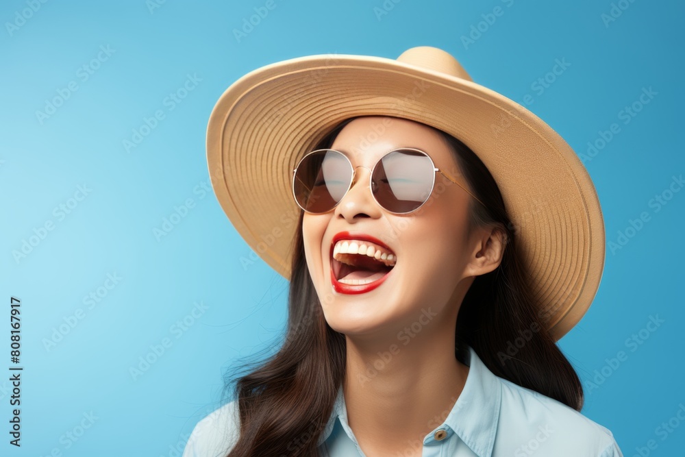 Smiling asian tourist in beach attire and backpack prepared for holiday adventure on blue backdrop Smiling asian tourist in beach attire and backpack prepared for holiday adventure on blue backdrop