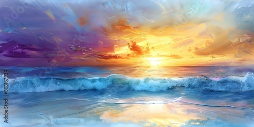 Golden Sky and Ocean Waves: A Tropical Beach Sunset Painting with Copy Space. Concept Tropical Beach Sunset, Golden Sky, Ocean Waves, Copy Space, Sunset Painting