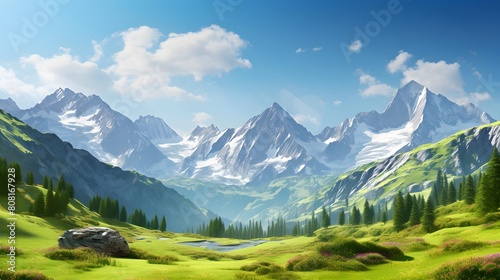 Panoramic view of alpine meadows and mountains in summer © A