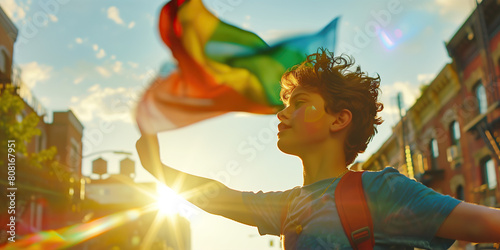 Pride Month concept. Close up portrait of a happy young man holding rainbow flag, looking up during the parade for lgbt+ rights in New York. Banner style. Outdoor shot