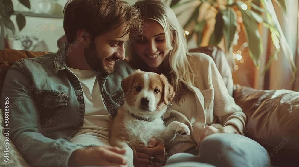 A Joyful Couple with Their New Puppy Relish a Cozy Moment Together on the Sofa A Joyful Couple with Their New Puppy Relish a Cozy Moment Together on the Sofa