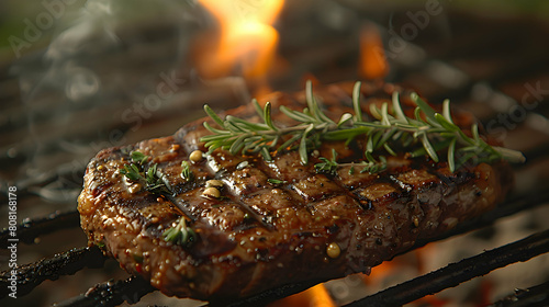 A piece of meat is being cooked on a grill with a lot of pepper and herbs on top