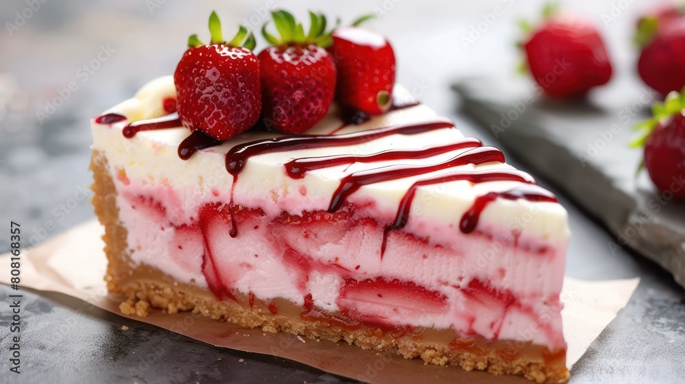 A single slice of strawberry cheesecake with a chocolate syrup drizzle, inviting a moment of delight A single slice of strawberry cheesecake with a chocolate syrup drizzle, inviting a moment of delight