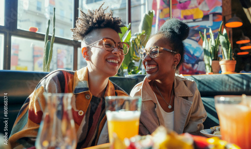 Adorable happy couple friends family eating brunch at a restaurant. Black, diversity and inclusion, Lesbian, gay, trans, happy alternative parents, family out, LGBTQ+