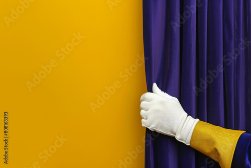Gloved hand is poised to pull back a deep purple curtain against a vibrant yellow backdrop, symbolizing anticipation and unveiling