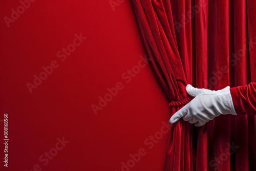 Gloved hand pulls back a lush red velvet curtain, symbolizing a grand reveal or the beginning of an event
