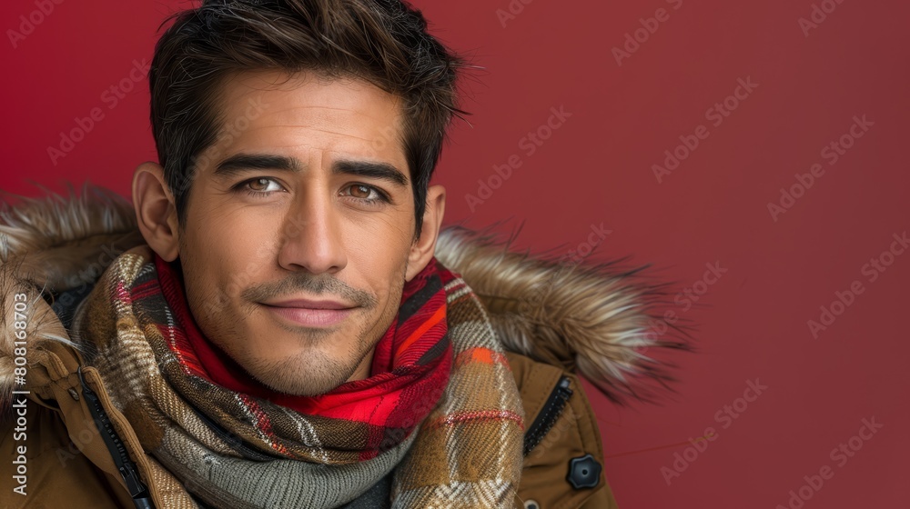   A close-up of a person wearing a jacket and a scarf, with one scarf draped around his neck
