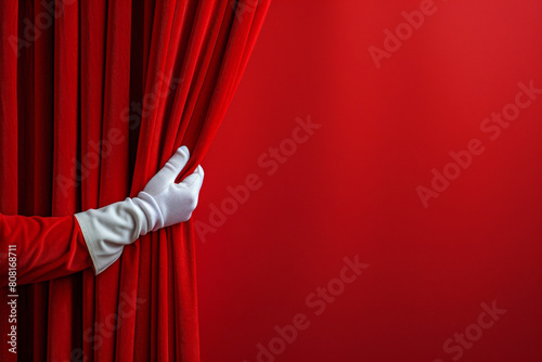 Hand in a white glove pulls back a luxurious red curtain, symbolizing the exciting reveal of a new beginning or event