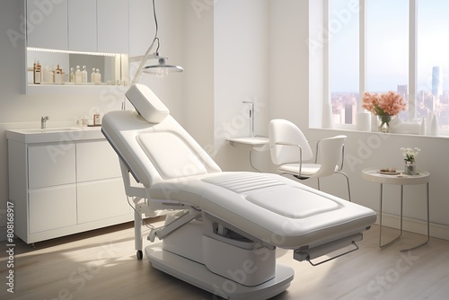 3d rendering of white modern dental chair in the dental clinic.