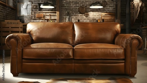 Stylish Industrial Living Room with Brown Leather Sofa. Concept Industrial Decor, Leather Sofa, Living Room Design, Stylish Interior, Home Decor © Anastasiia