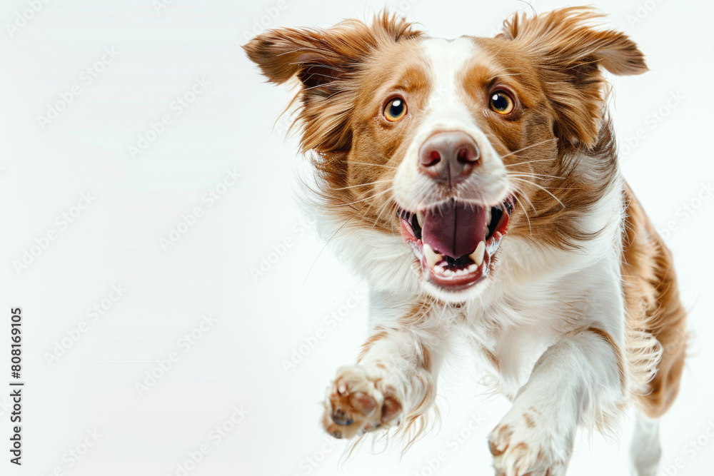 Excited brown and white domestic canine jumping mid-air with joy and happiness in a studio shot, showcasing playful energy and exuberance