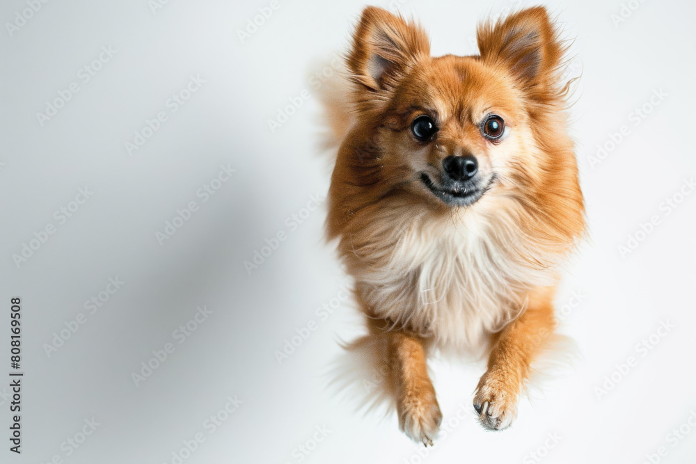 Cute pomeranian dog captured mid-jump against a white background, showcasing its fluffy fur and playful, lively personality Cute pomeranian dog captured mid-jump against a white background, showcasing its fluffy fur and playful, lively personality