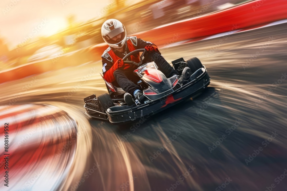 racer driving gokart at full speed on track wearing helmet and racing suit action sports photography