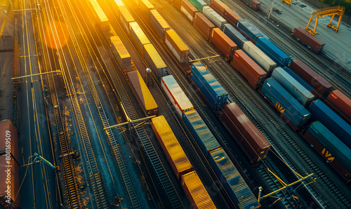 Aerial view of the container terminal with cargo freight train at sunset.