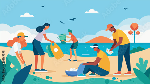 In a beachside town a group of surfers and nature lovers meet to trade their old wornout sneakers for new ecofriendly ones all while picking up trash. Vector illustration