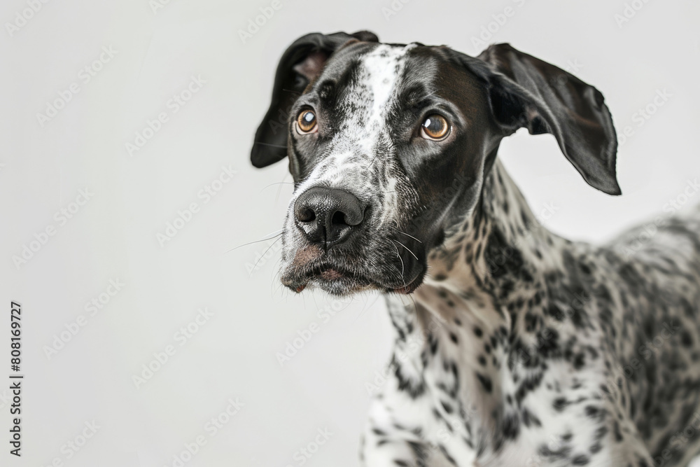 Close-up portrait of an attentive dalmatian dog with spotted white fur. Looking with intelligent and curious eyes. Showcasing loyalty and obedience as a purebred domestic pet Close-up portrait of an attentive dalmatian dog with spotted white fur. Looking with intelligent and curious eyes. Showcasing loyalty and obedience as a purebred domestic pet