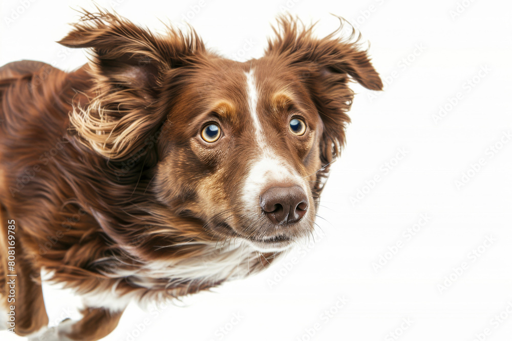Close-up of a charming brown and white border collie with wind-blown fur against a clean, bright white background