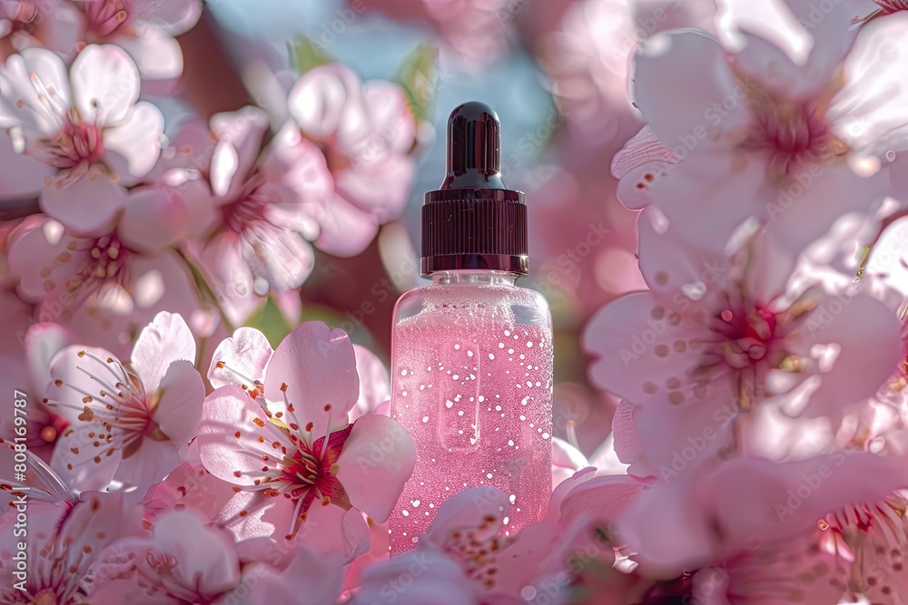 Closeup view of glass dropper bottle with pipette with serum and lilac flowers oil natural beauty Closeup view of glass dropper bottle with pipette with serum and lilac flowers oil natural beauty