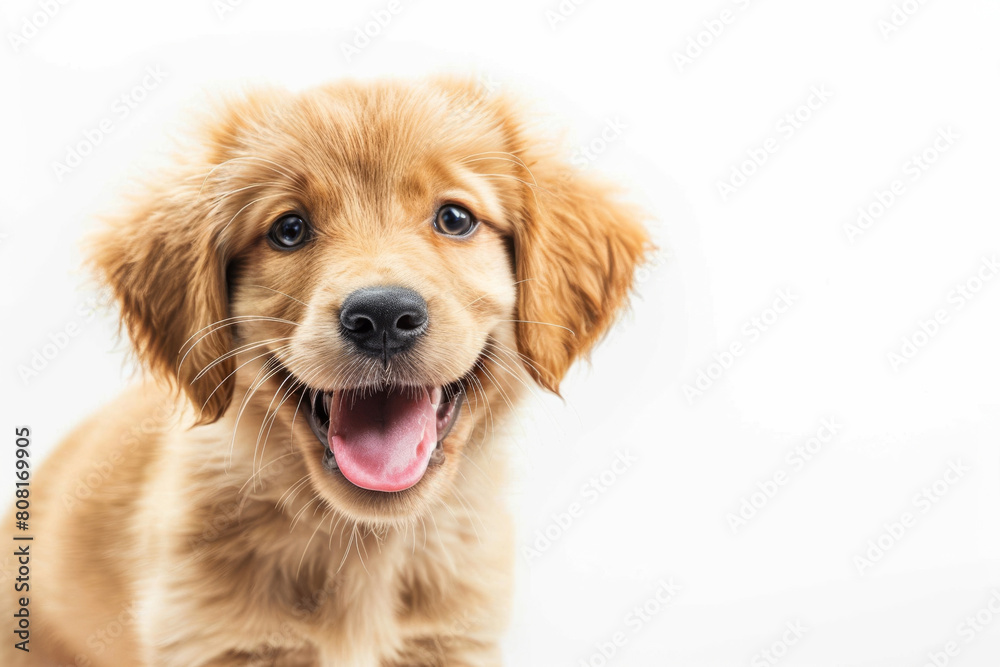 Adorable golden retriever puppy smiling with a tongue out against a clean white background, exuding warmth and joy Adorable golden retriever puppy smiling with a tongue out against a clean white background, exuding warmth and joy