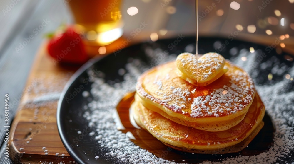 Heart-shaped waffles with strawberries and honey on a plate in high resolution and quality